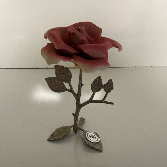 Capodimonte Porcelain Handmade Pink Rose Silvertone Stem Figurine Made in Italy - Picture 3 of 6